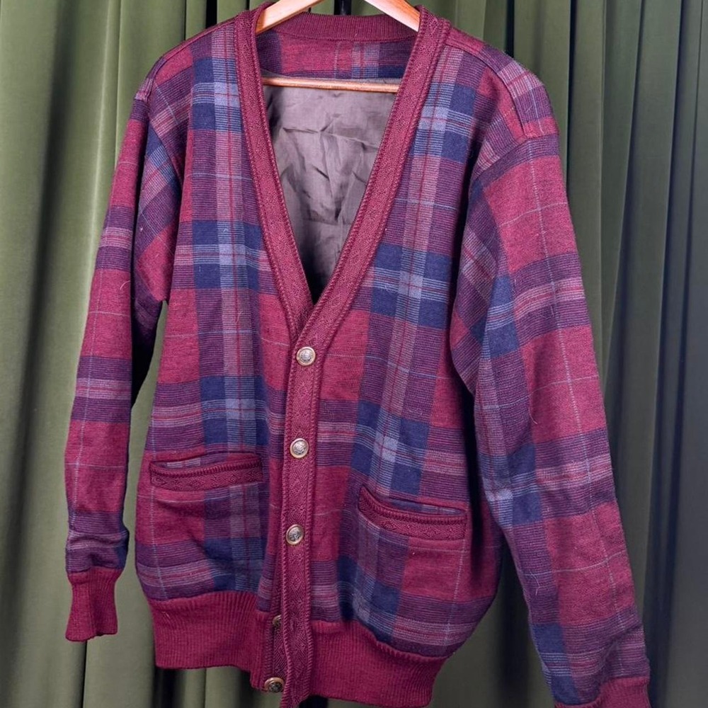 Womens Burgundy Purple Plaid Cardigan Button Up Knit Sweater Indie Grunge